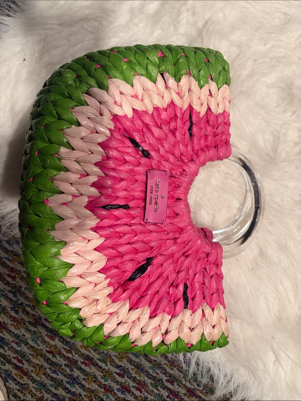 Woven Pink & Green Straw Tote with Clear Handles